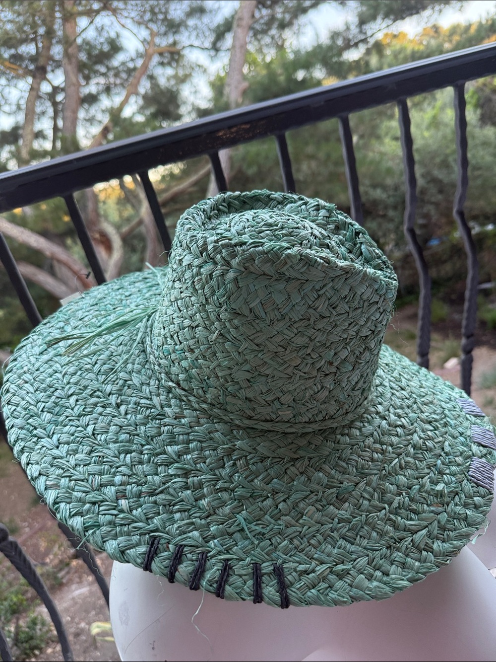 NWT Green SunHat hat Straw 100% paper hand Stitching details‎ OS rancher floppy